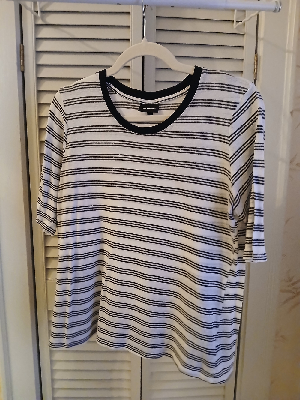 Who What Wear Black and White Striped Crewneck Short Sleeve Top